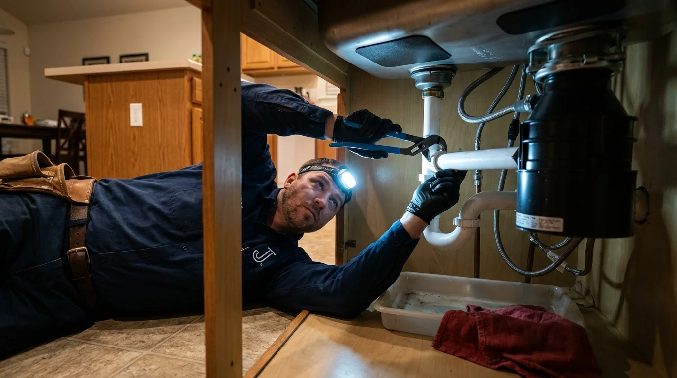 P-trap and supply line connections under a kitchen sink showing a common leak point in Ashland, AL